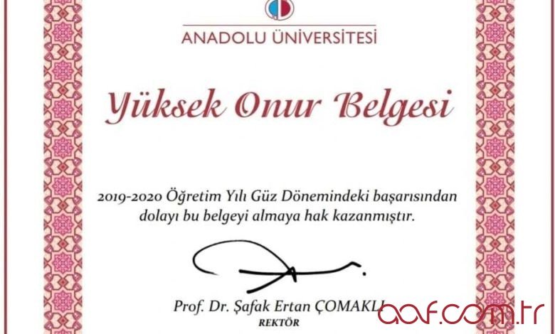 Açıköğretim Yüksek Onur Belgesi